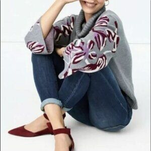 CABI Eden Pullover Sweater Gray/Plum Floral 3/4 Length Sleeves Sz M #3704 EUC